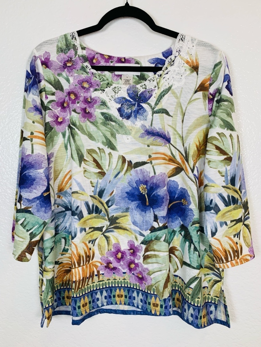 Alfred Dunner Womens Top Large Floral Tropical Blouse Cottagecore Grandma Lace